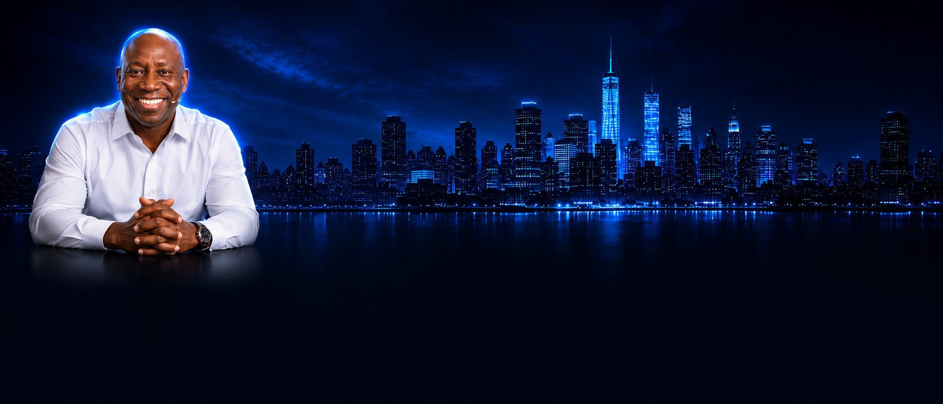 Alvin Bess with the New York City skyline at night